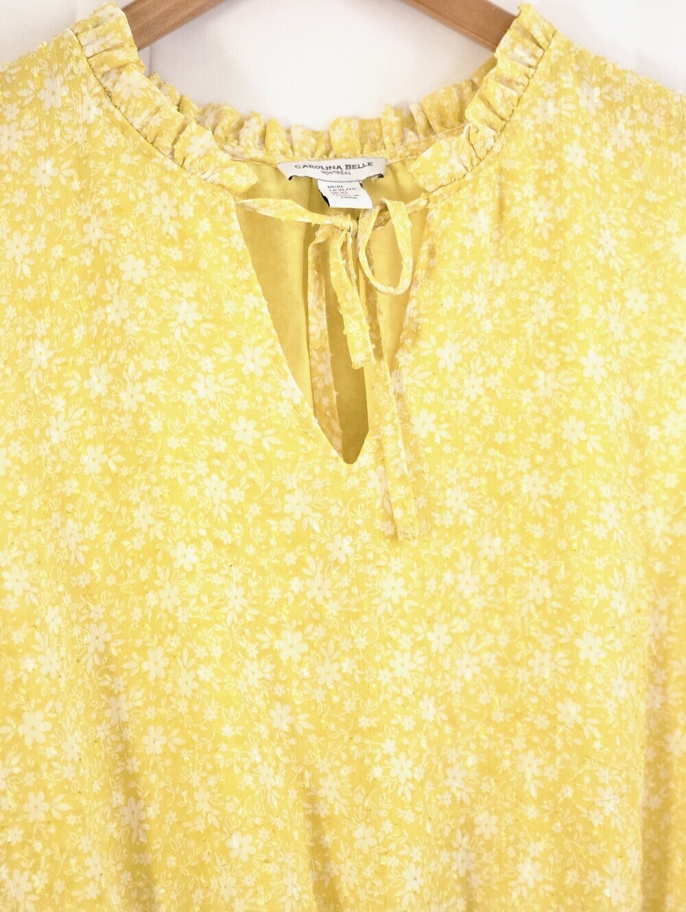 ​Carolina Belle Yellow Floral Smocked Waist Blouse XL Gold Lurex Boho - Picture 2 of 10